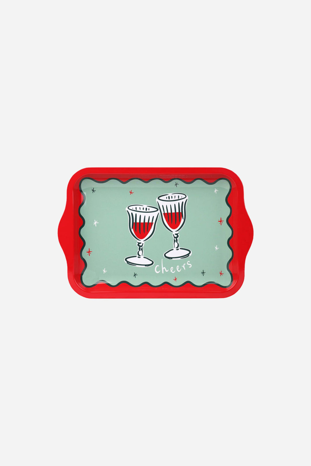 Red tray with green accent in front of white back round