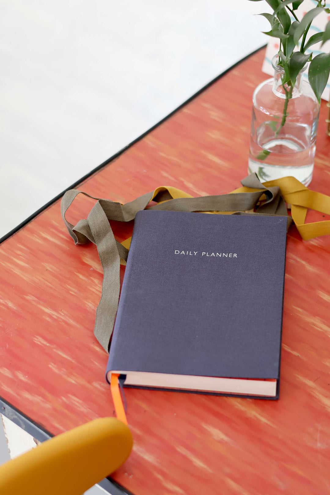 Blue daily planner on a red table with a plant in the background