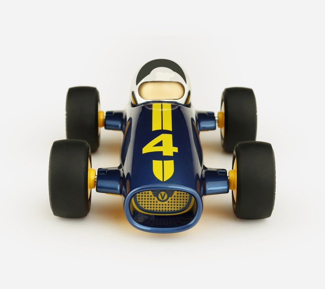Toy race car with blue and yellow design on a white background