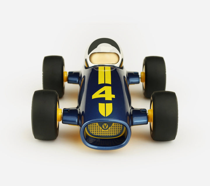 Toy race car with blue and yellow design on a white background