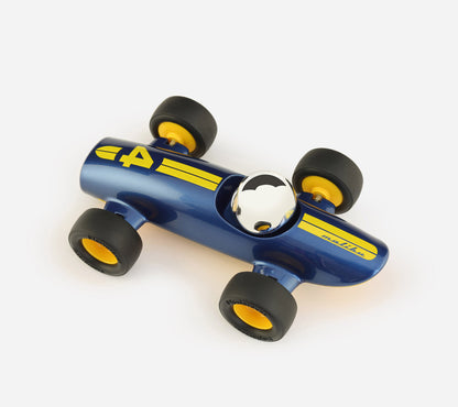 Blue toy race car with yellow accents on a white background