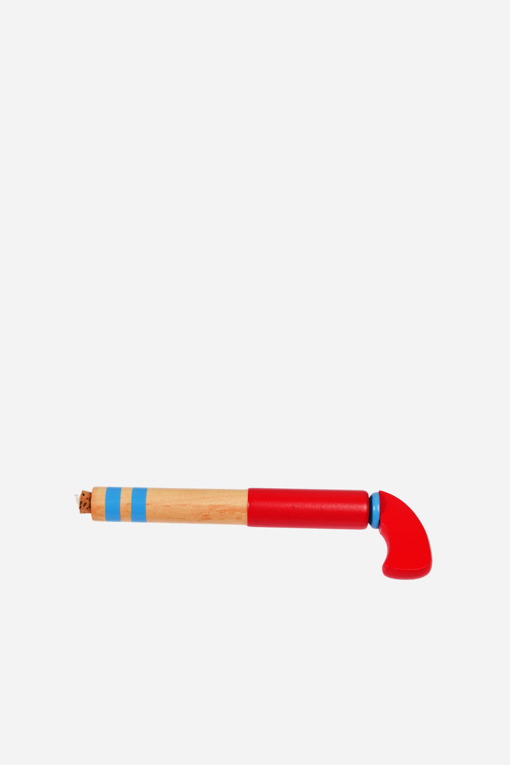 Red and beige object with blue accents on a white background