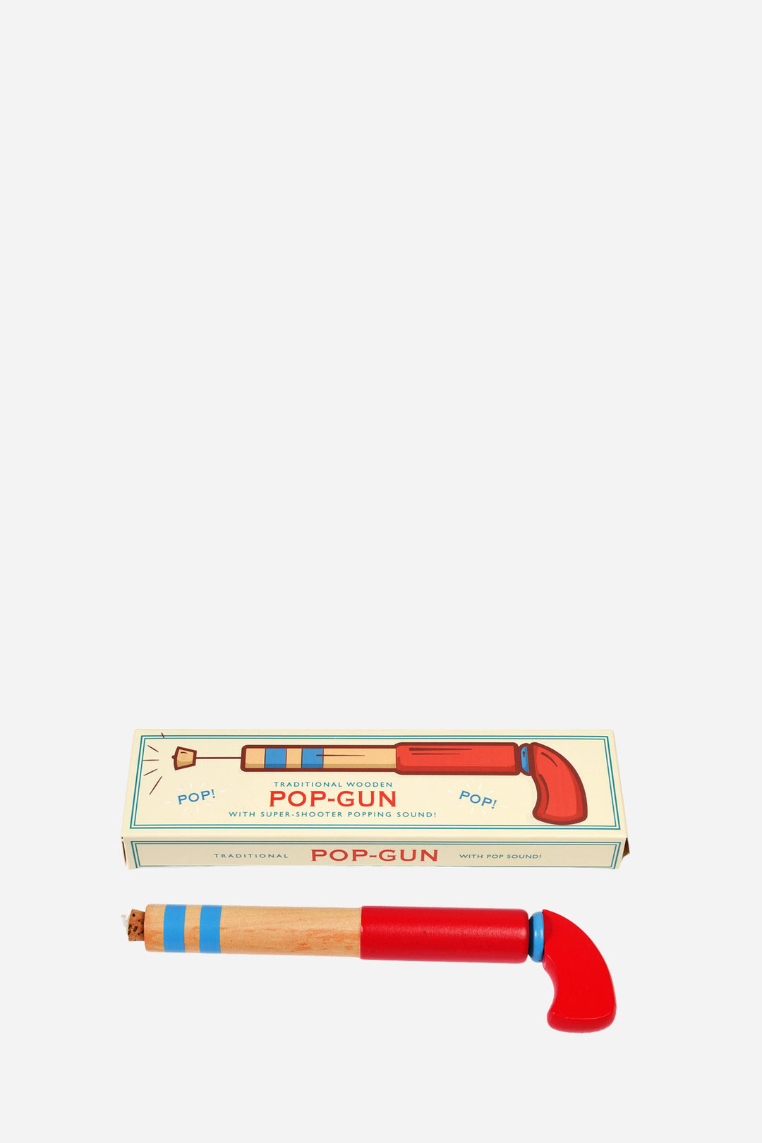 Red and blue toy pop-gun with packaging on a white background
