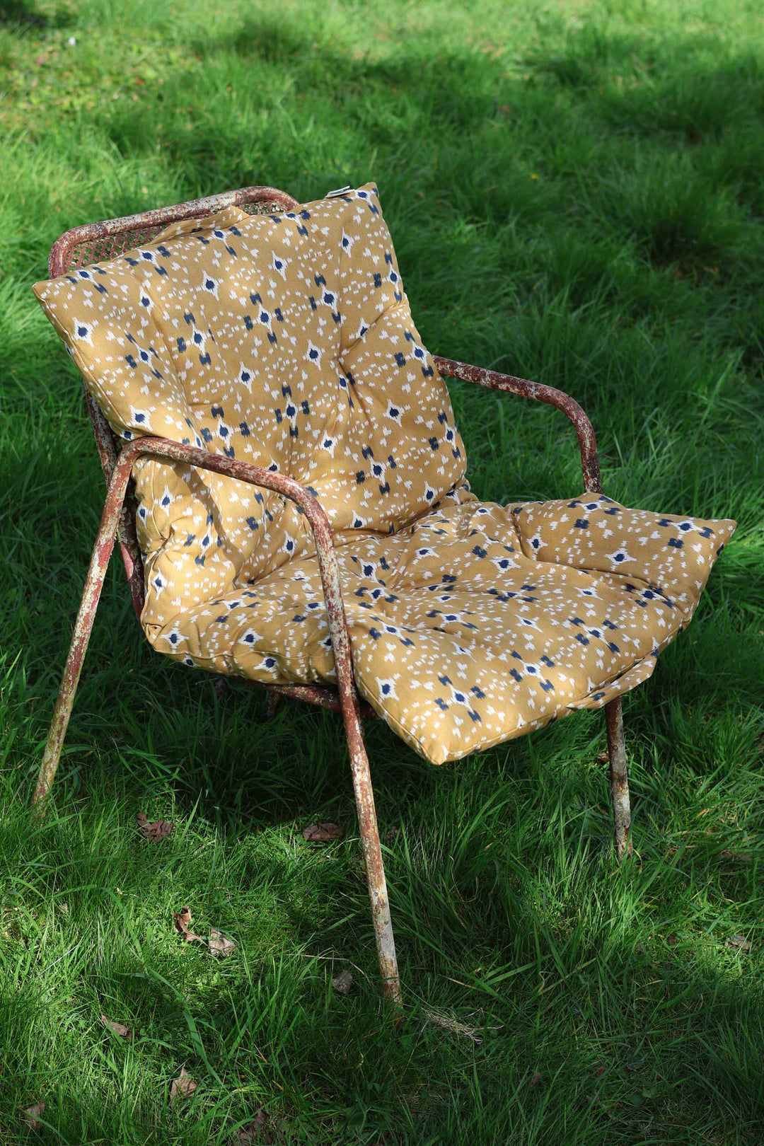 Rustic chair with a yellow patterned cushion on a grassy background