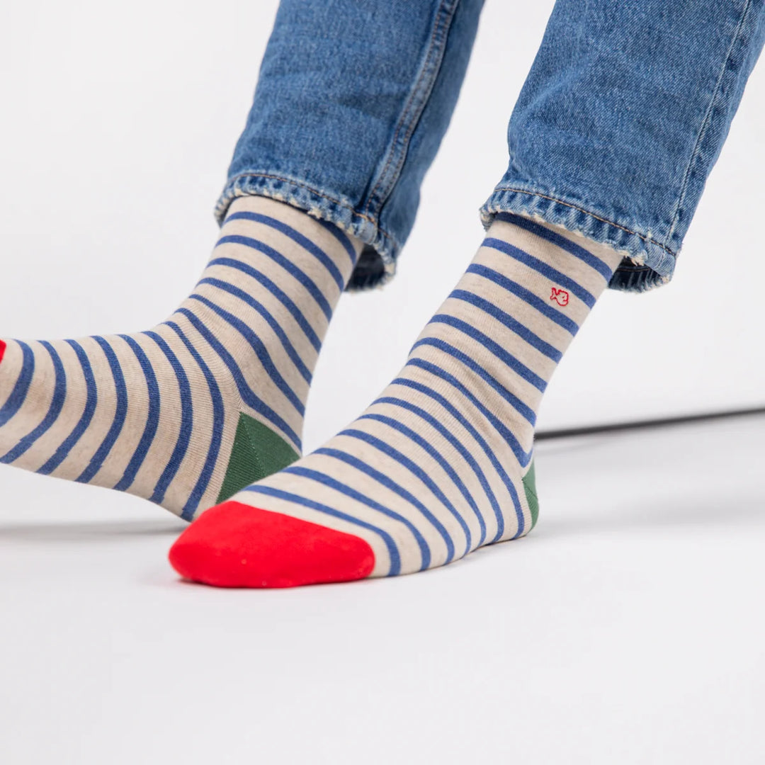 Wide Striped Socks Beige, Blue Striped / 41-46
