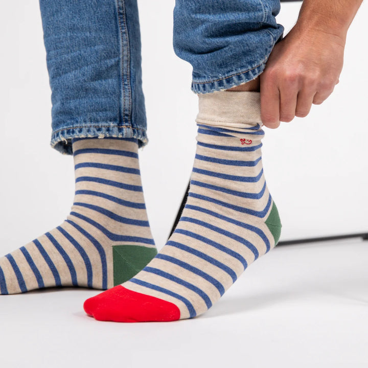 Wide Striped Socks Beige, Blue Striped / 41-46