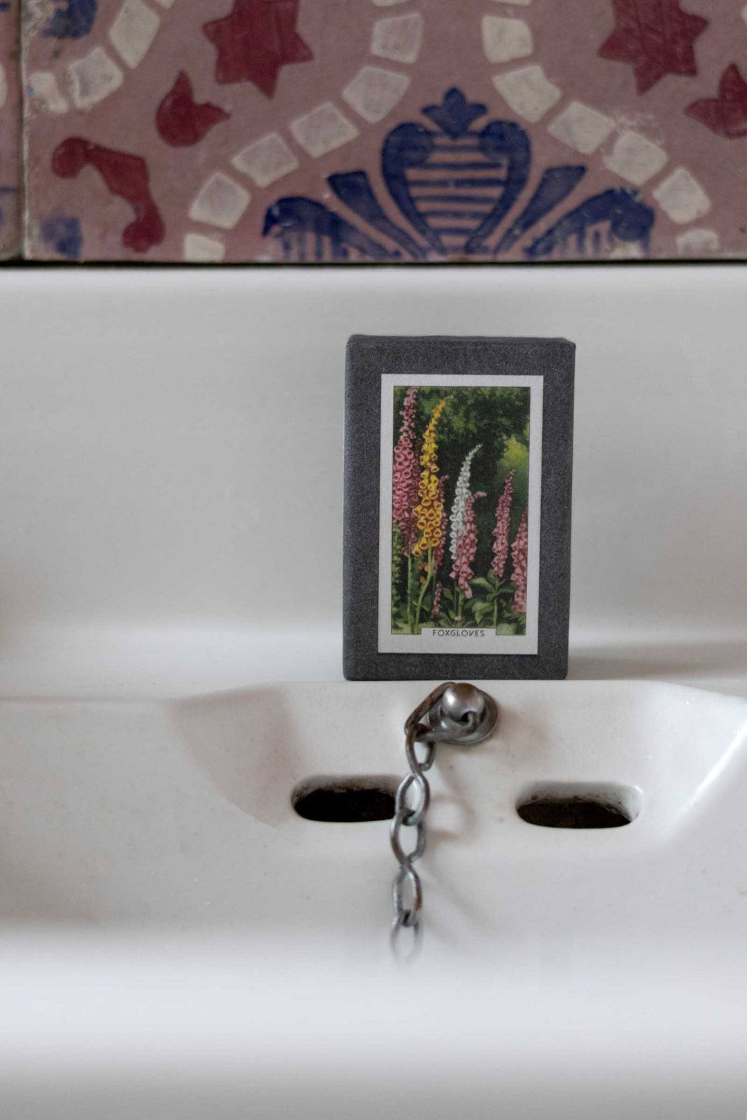 A small framed botanical print of foxglove flowers with a silver chain hanging from the frame, resting on a white ceramic sink basin.