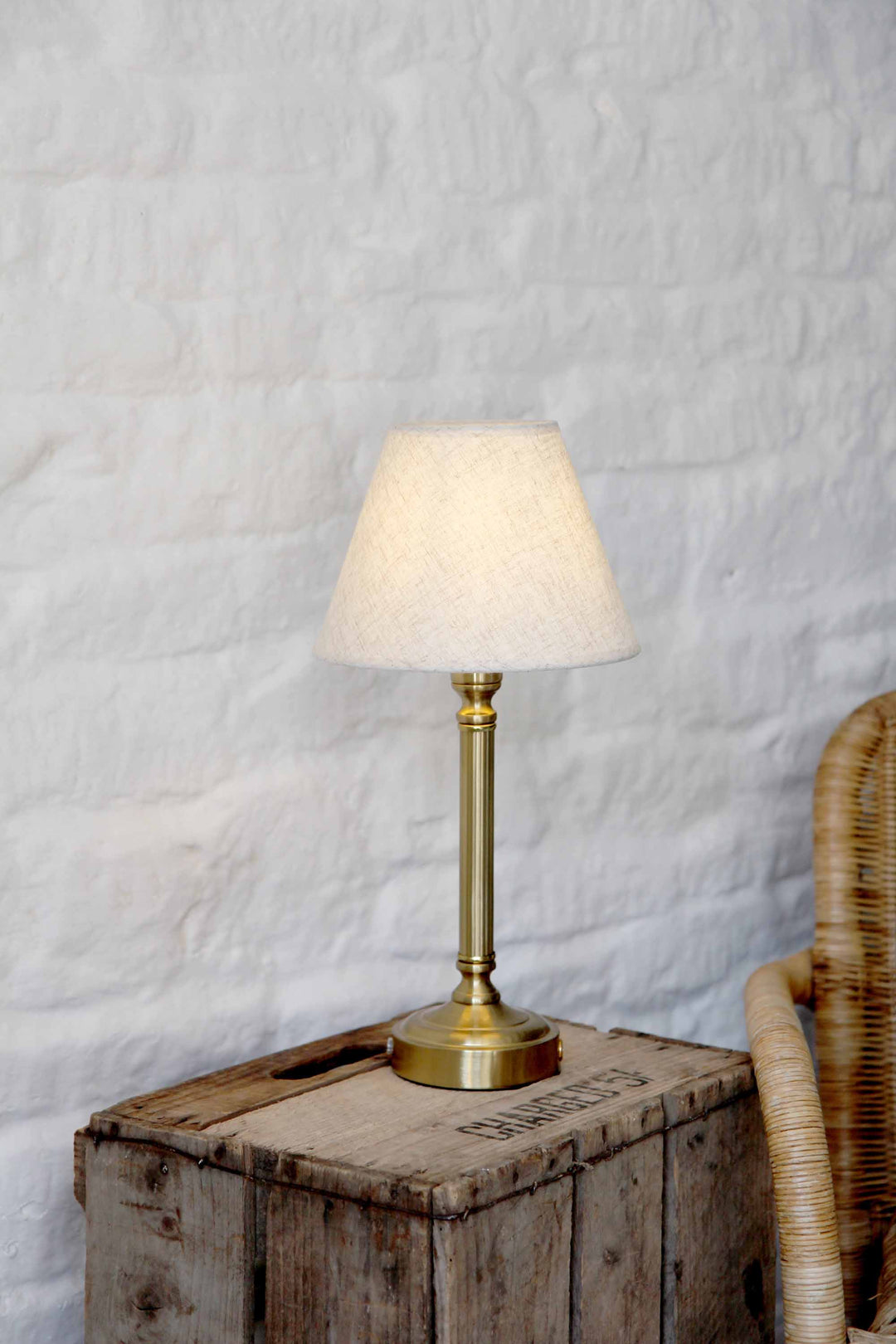 Ribbed Brass Rechargeable Table Lamp with Oatmeal Shade