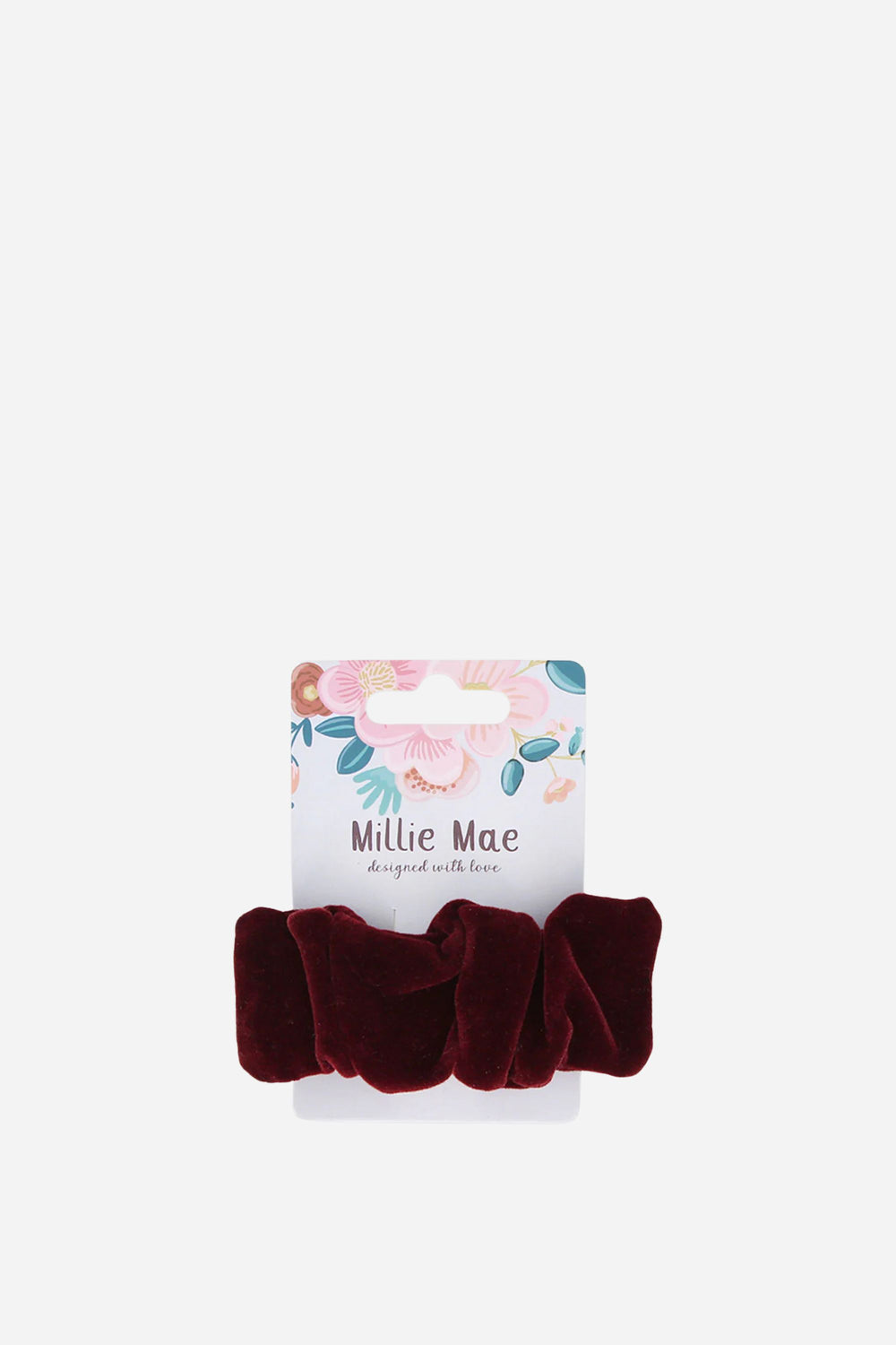 Burgundy velvet scrunchie with 'Milie Mae' packaging on a white background