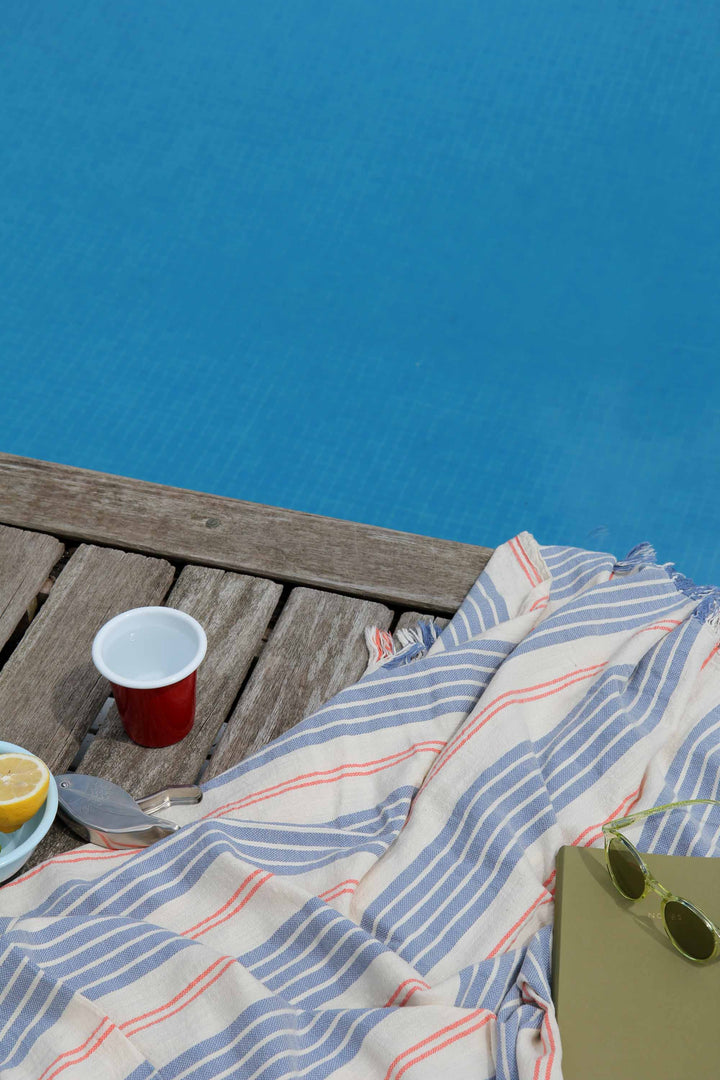 Rustic Turkish Stripe Towel / Denim Coral