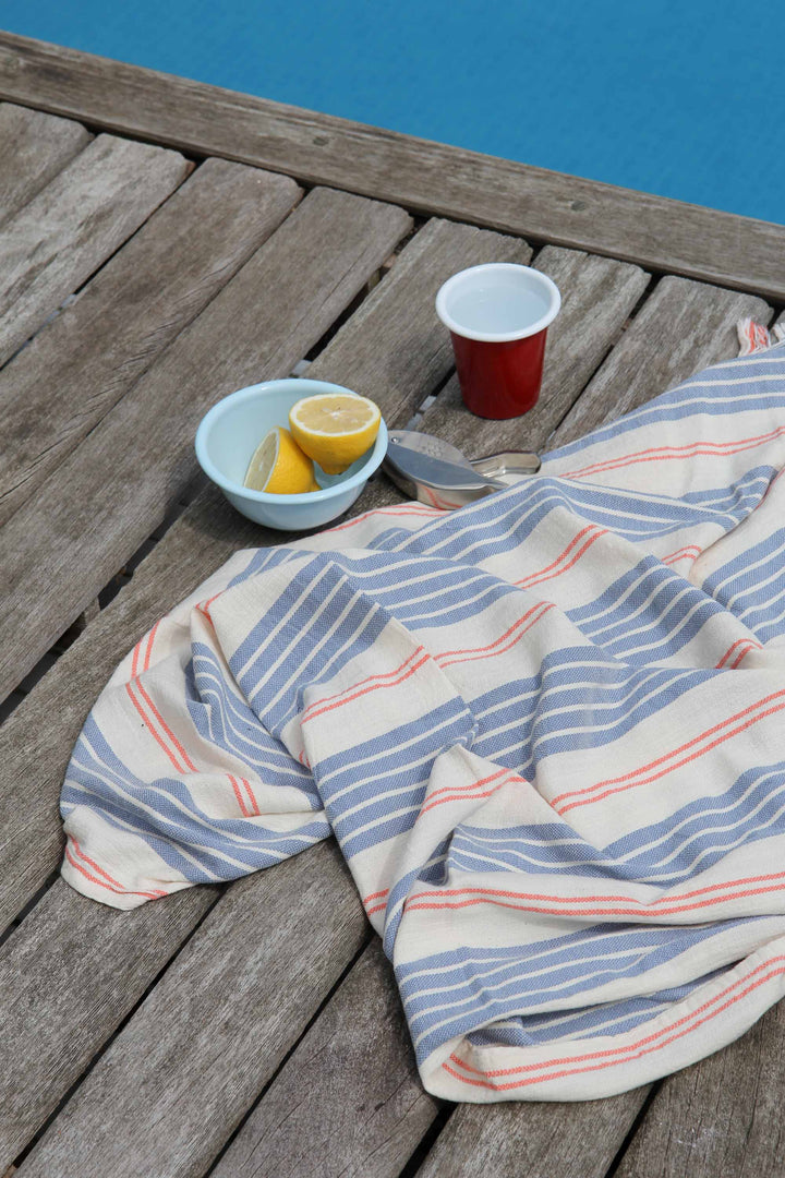Rustic Turkish Stripe Towel / Denim Coral
