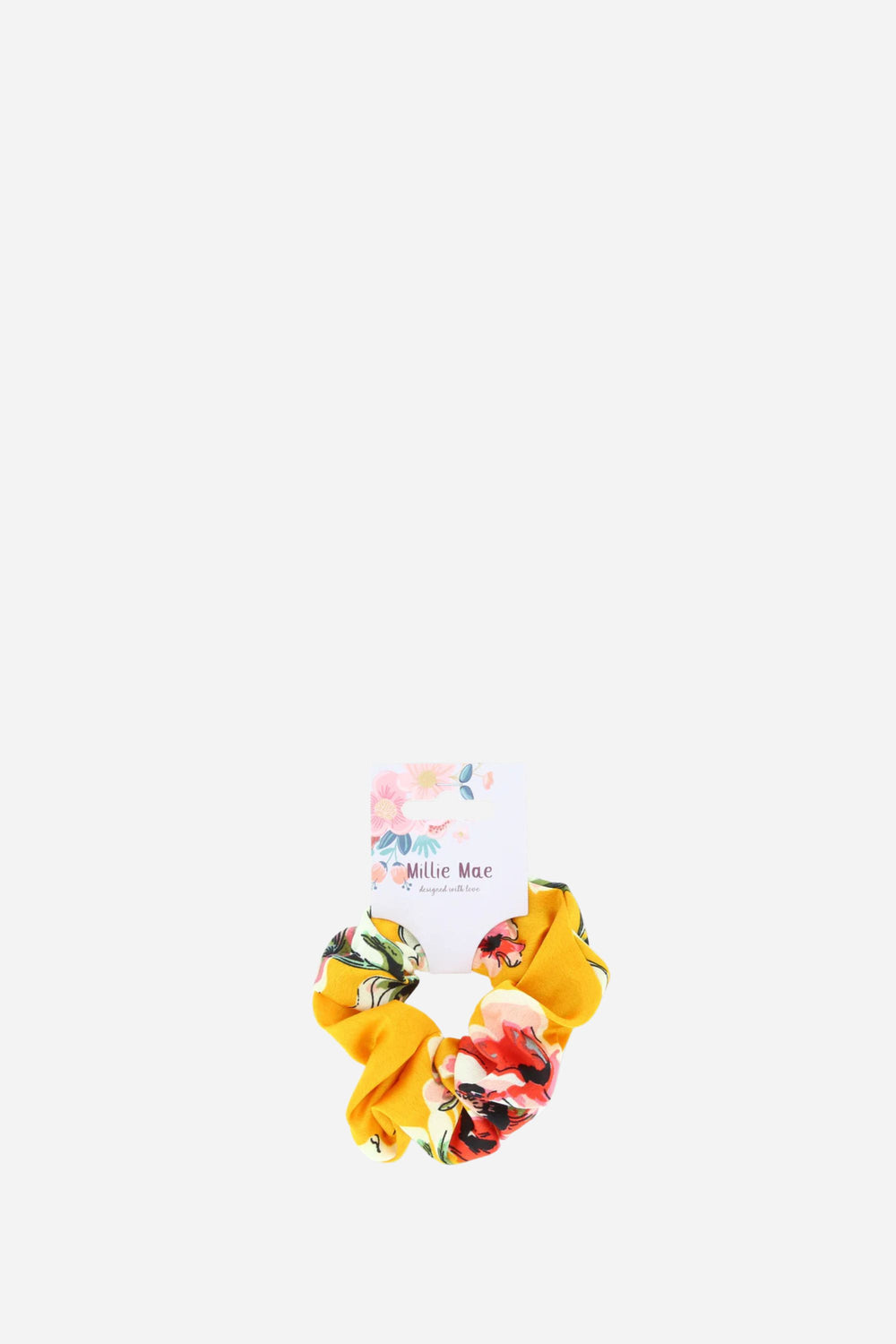 Yellow scrunchie with floral design on a white background