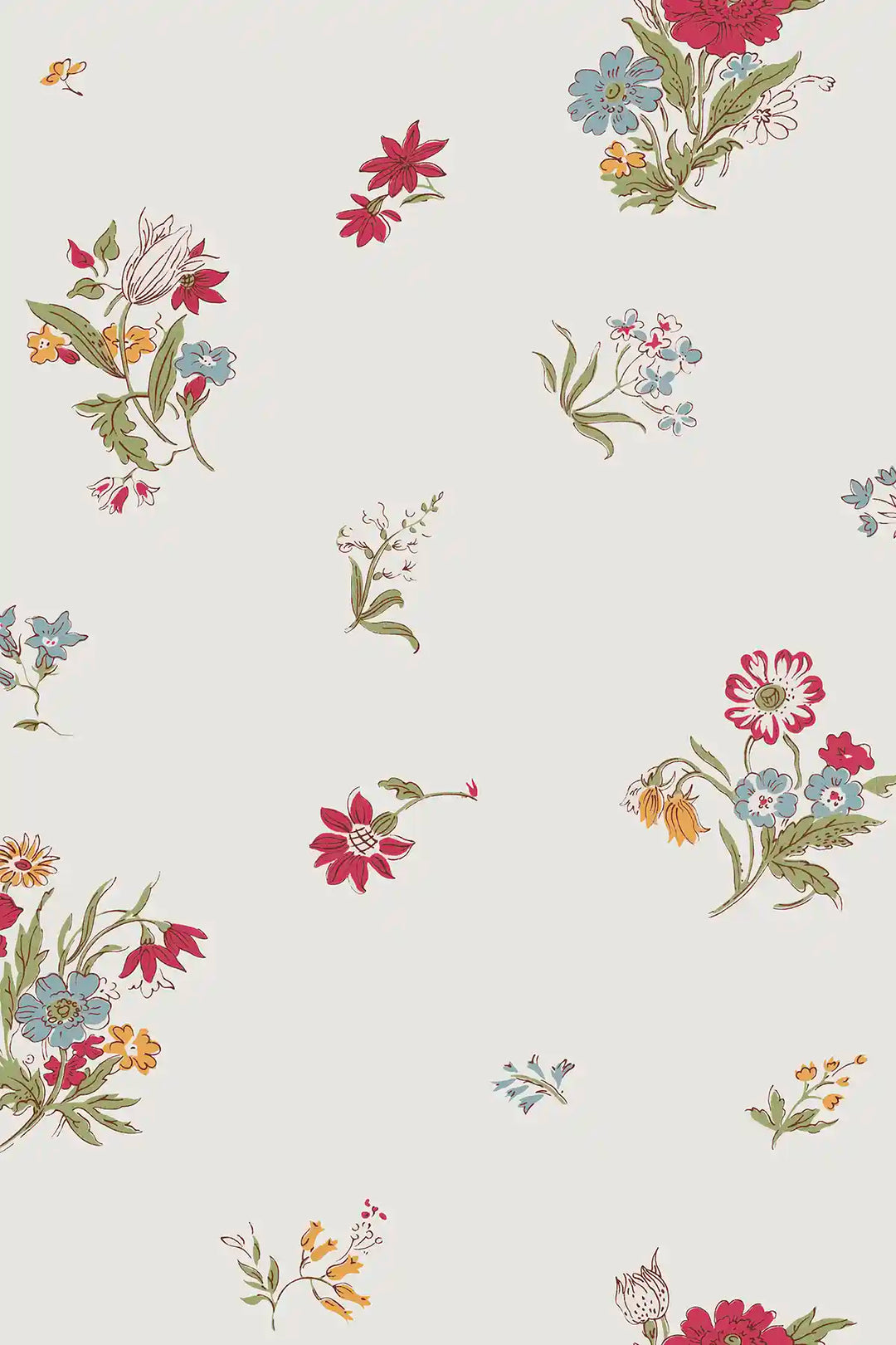A repeating floral patterned wallpaper on a off white gesso background, featuring small clusters of red, pink, blue, yellow, and orange flowers with green stems and leaves.