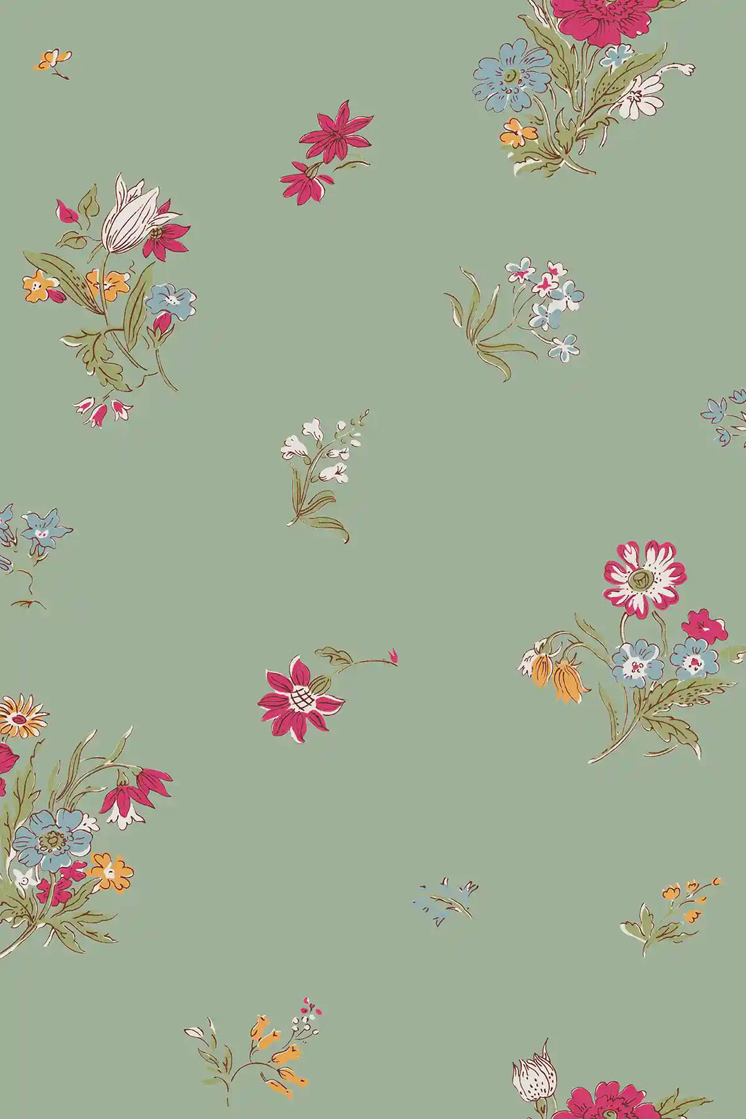 A repeating floral patterned wallpaper on a muted nettle green background, featuring small clusters of pink, red, blue, white, and orange flowers with green stems and leaves.