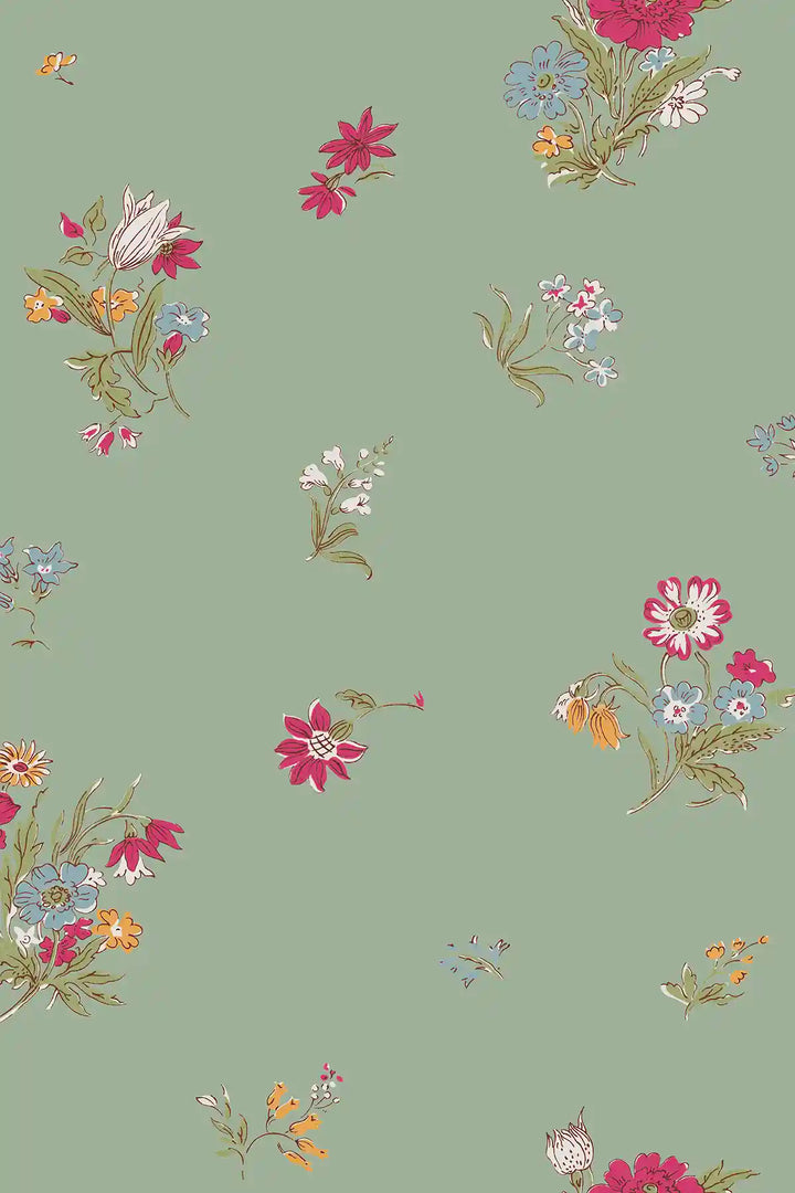 A repeating floral patterned wallpaper on a muted nettle green background, featuring small clusters of pink, red, blue, white, and orange flowers with green stems and leaves.
