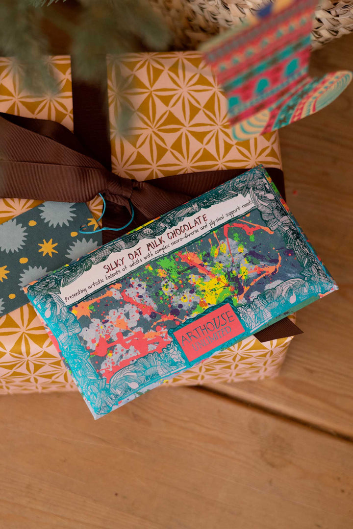 A wrapped chocolate bar package labeled &
