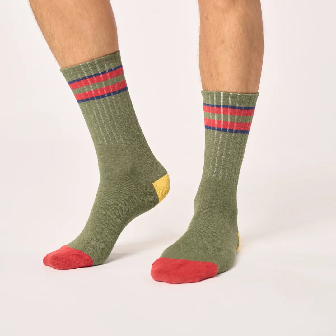 Retro Socks Khaki, Red &amp; Blue Striped / 41-46