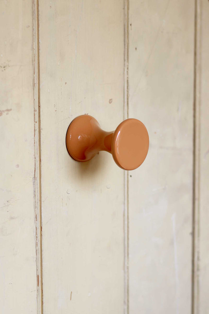 Brown cabinet knob on a wooden door