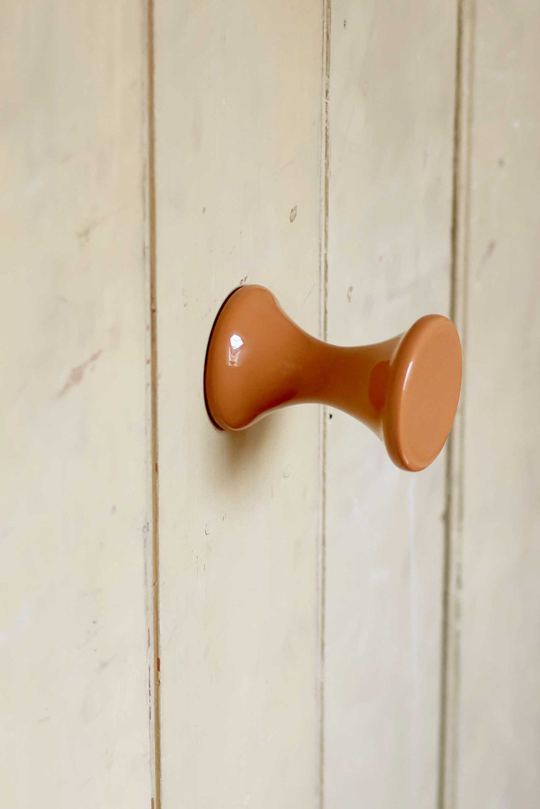 Brown cabinet knob on a wooden door