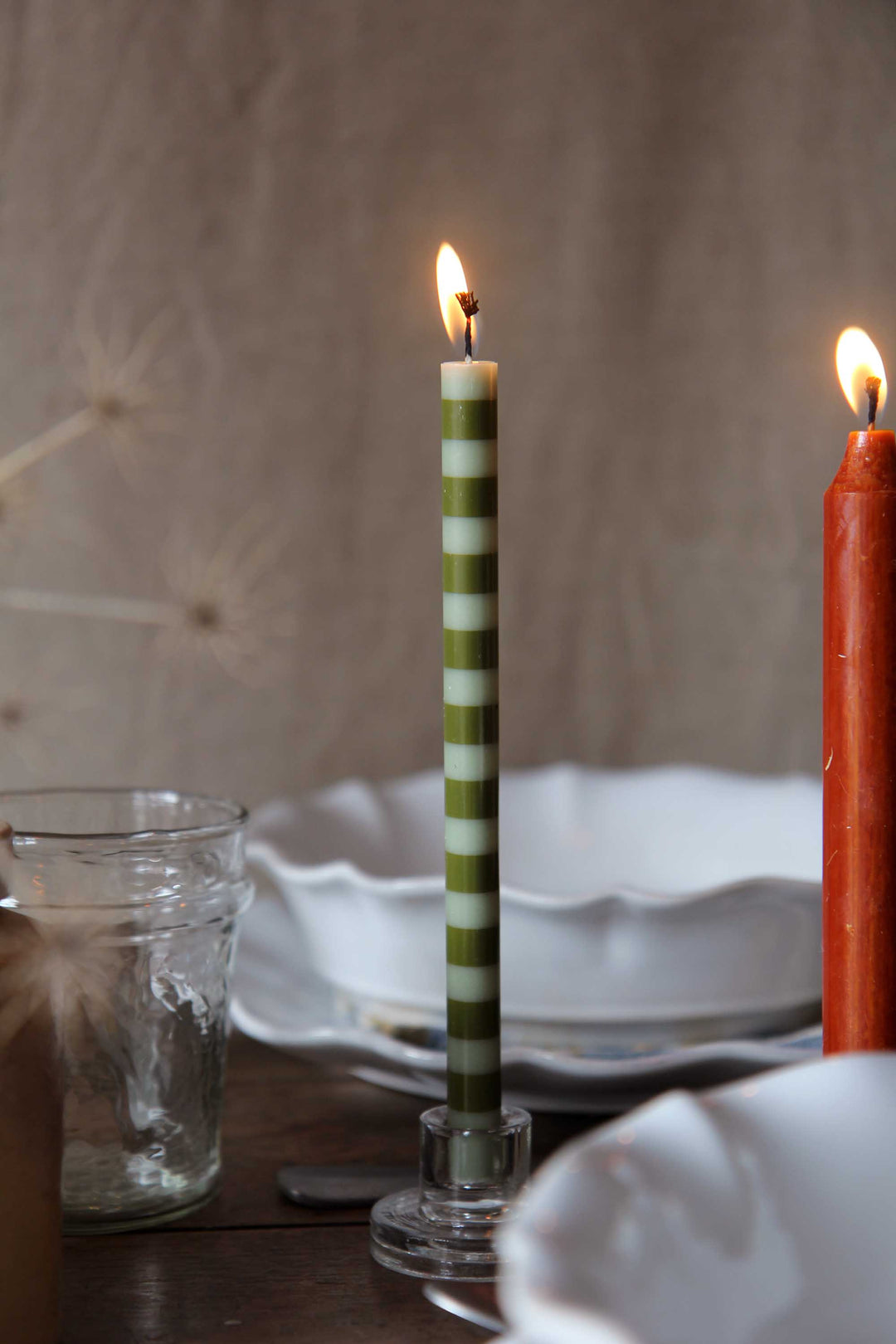 Taper Candle / Olive Green Striped