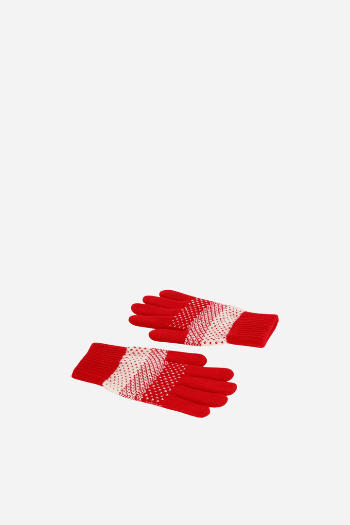 Pair of red gloves with white pattern on a white background
