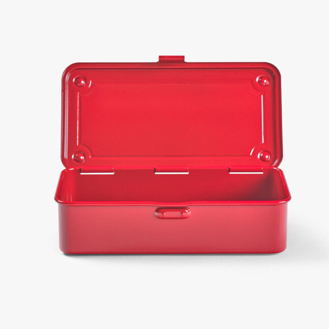 Red toolbox with open lid on a white background