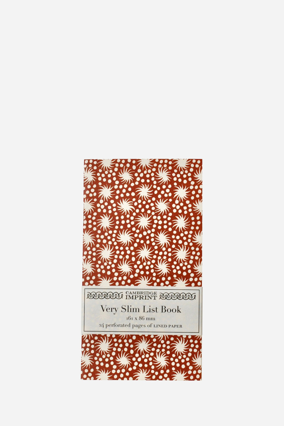 Slim list book with red floral pattern on a white background