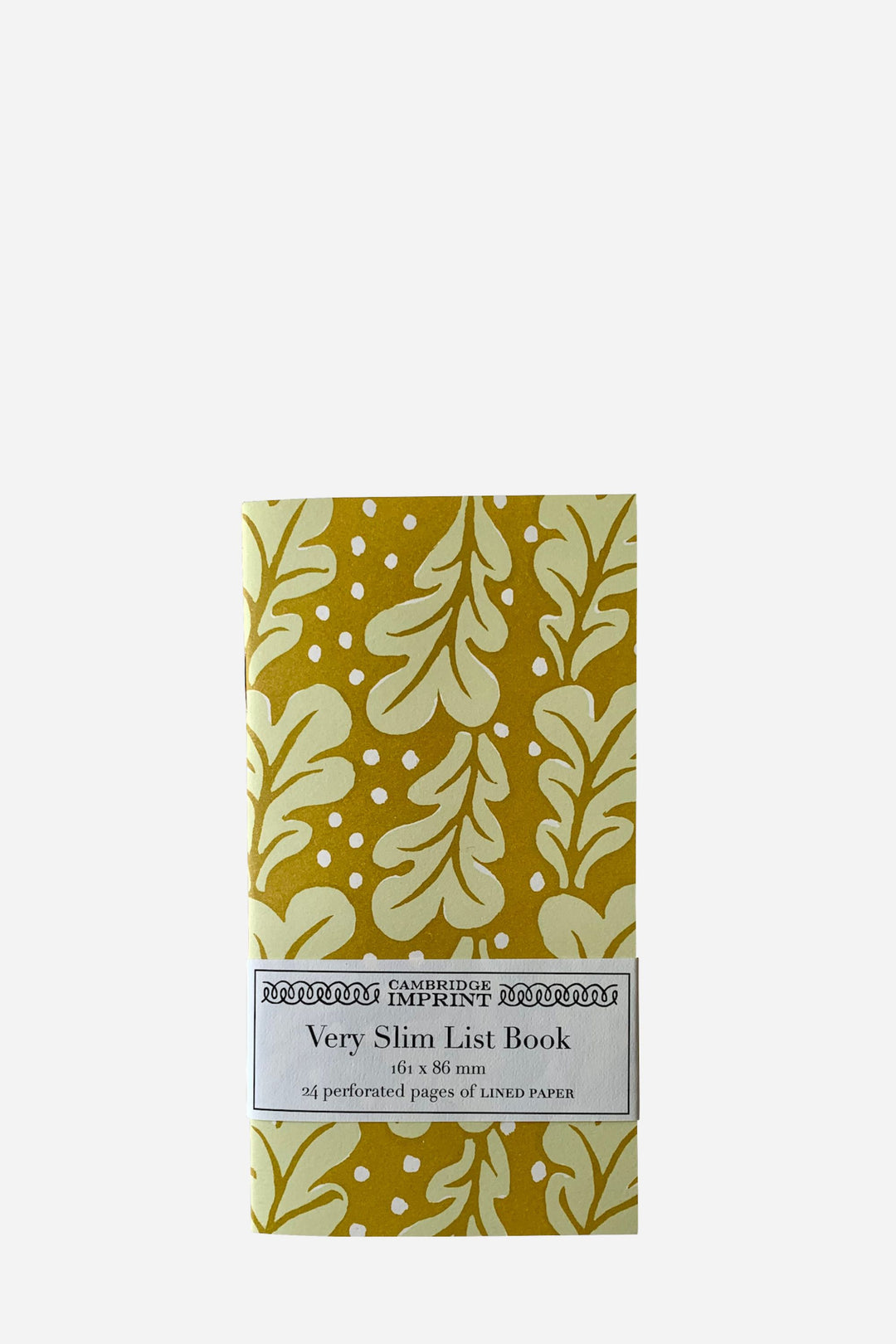 Slim list book with leaf pattern on a white background