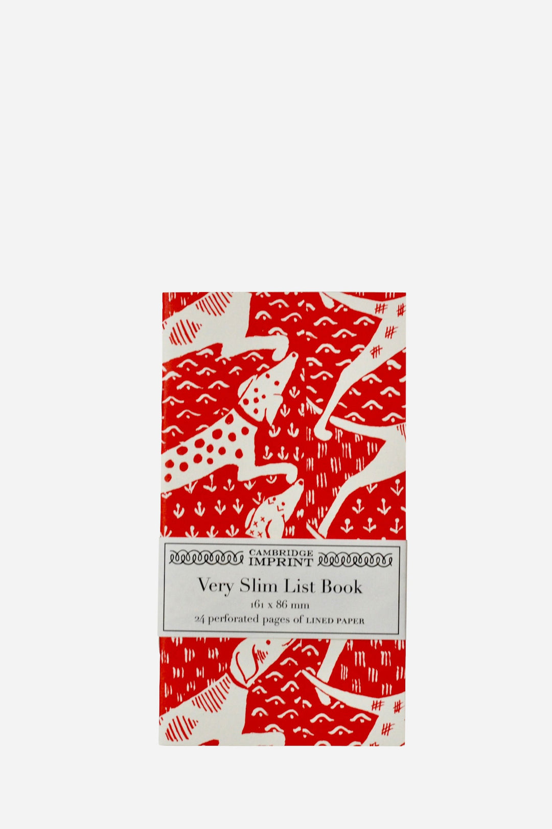 Slim list book with red and white design on a white background