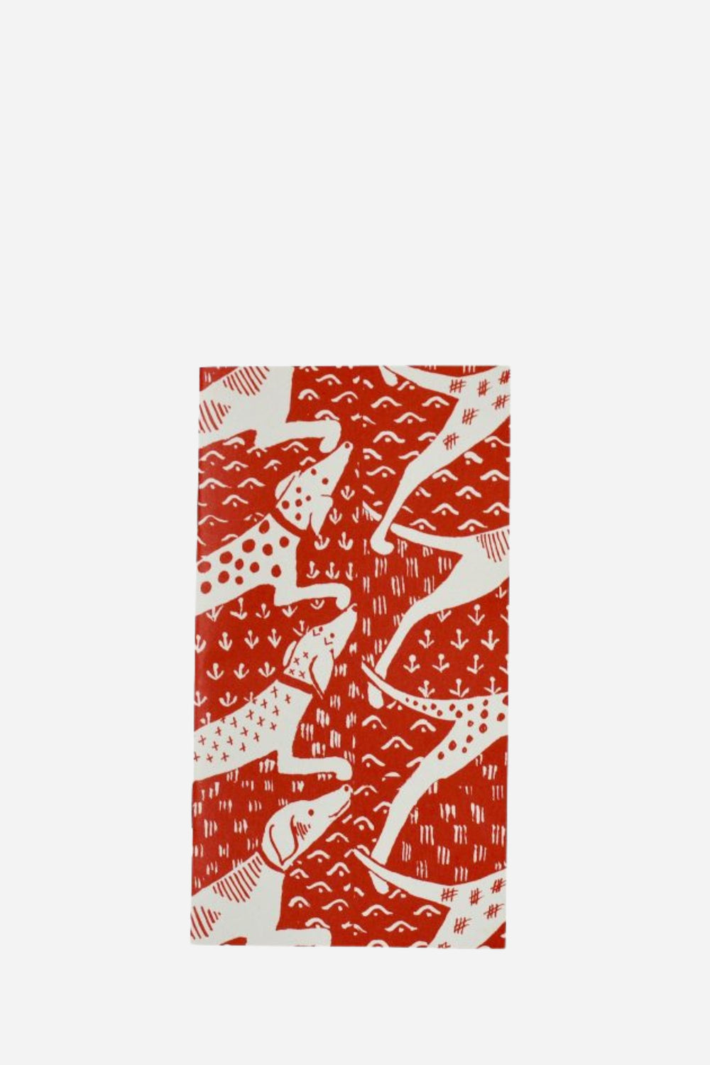 Red and white patterned towel with animal design on a white background
