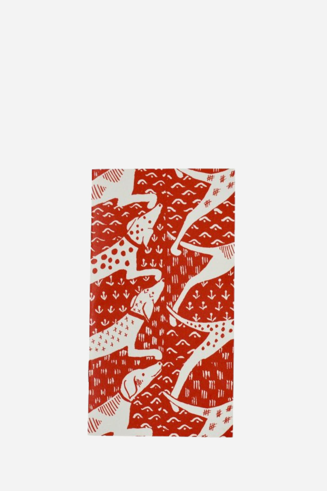 Red and white patterned towel with animal design on a white background