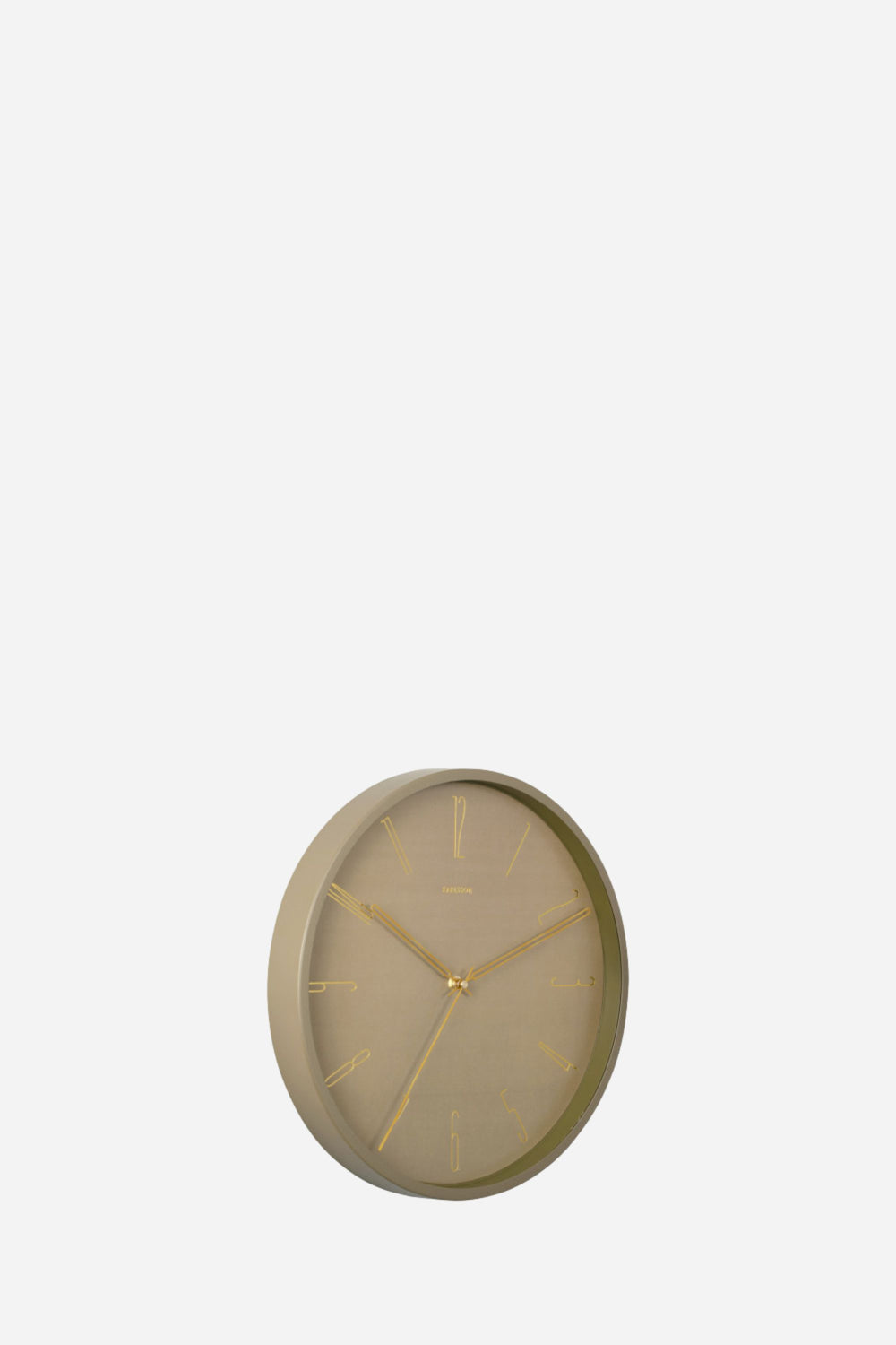 Green clock at an angle in front of white back round 