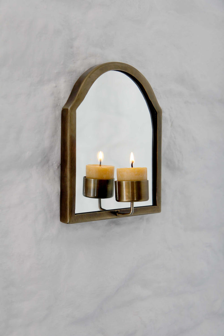 Wall Candle Sconce w. Mirror for Tea Lights Antique Brass