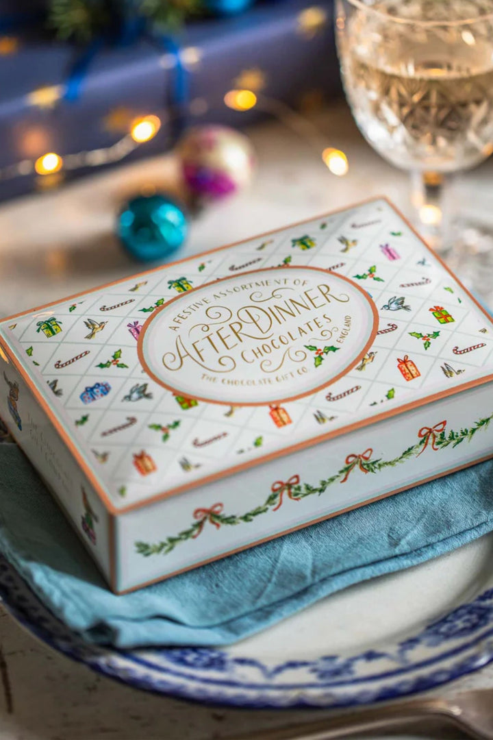 Box of After Dinner Chocolates on a table with festive decorations