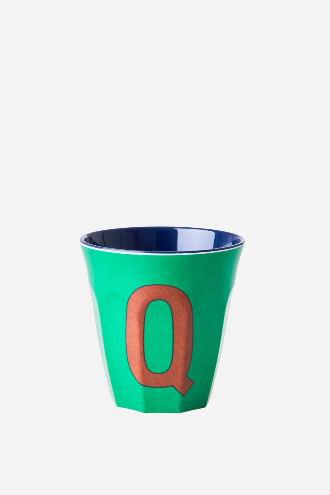 Green cup with a brown letter 'Q' on a white background