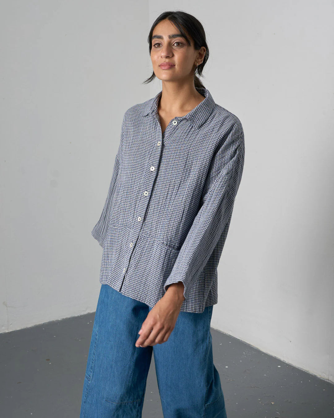 Anya Relaxed Blouse / Linen Navy Little Check