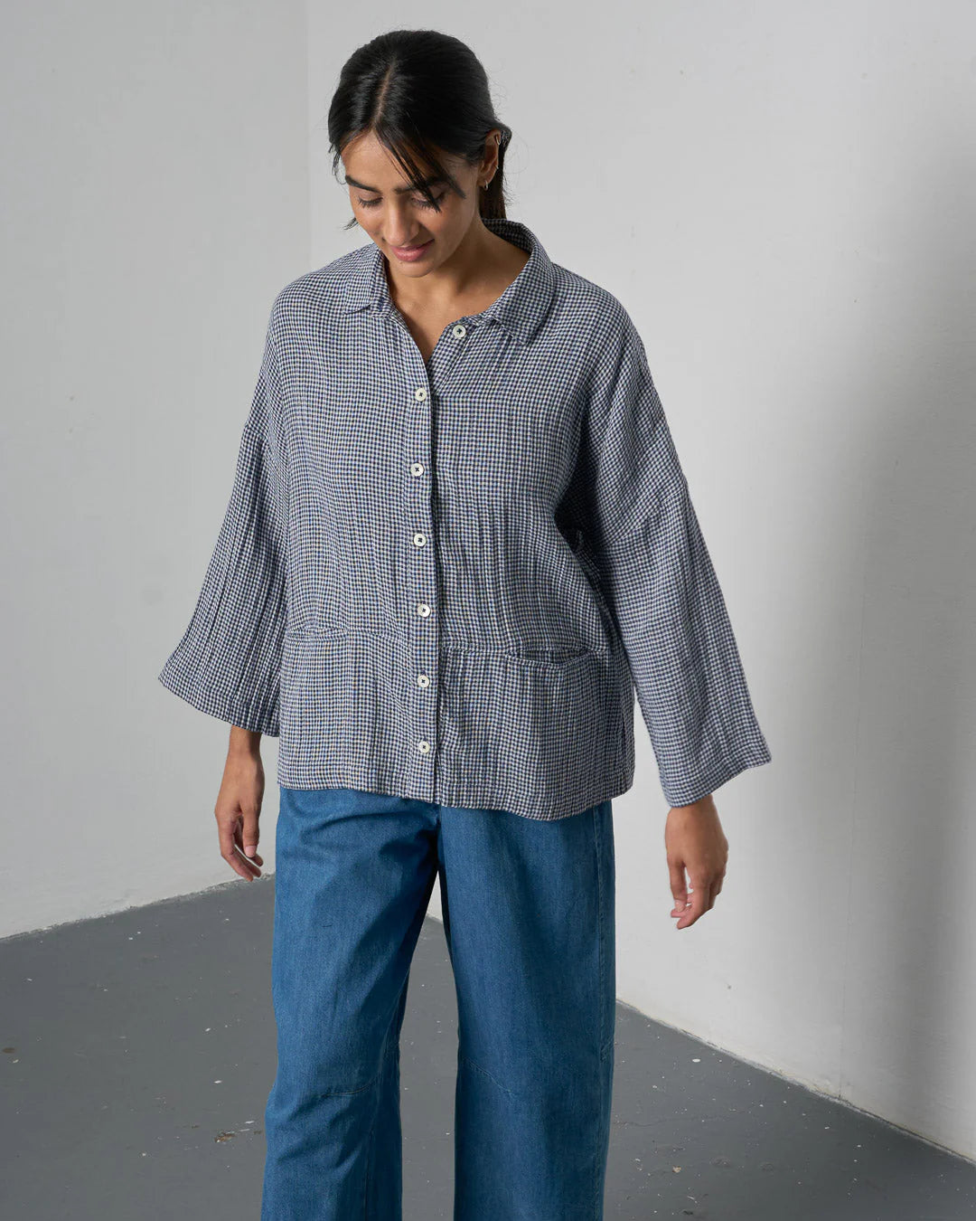 Anya Relaxed Blouse / Linen Navy Little Check