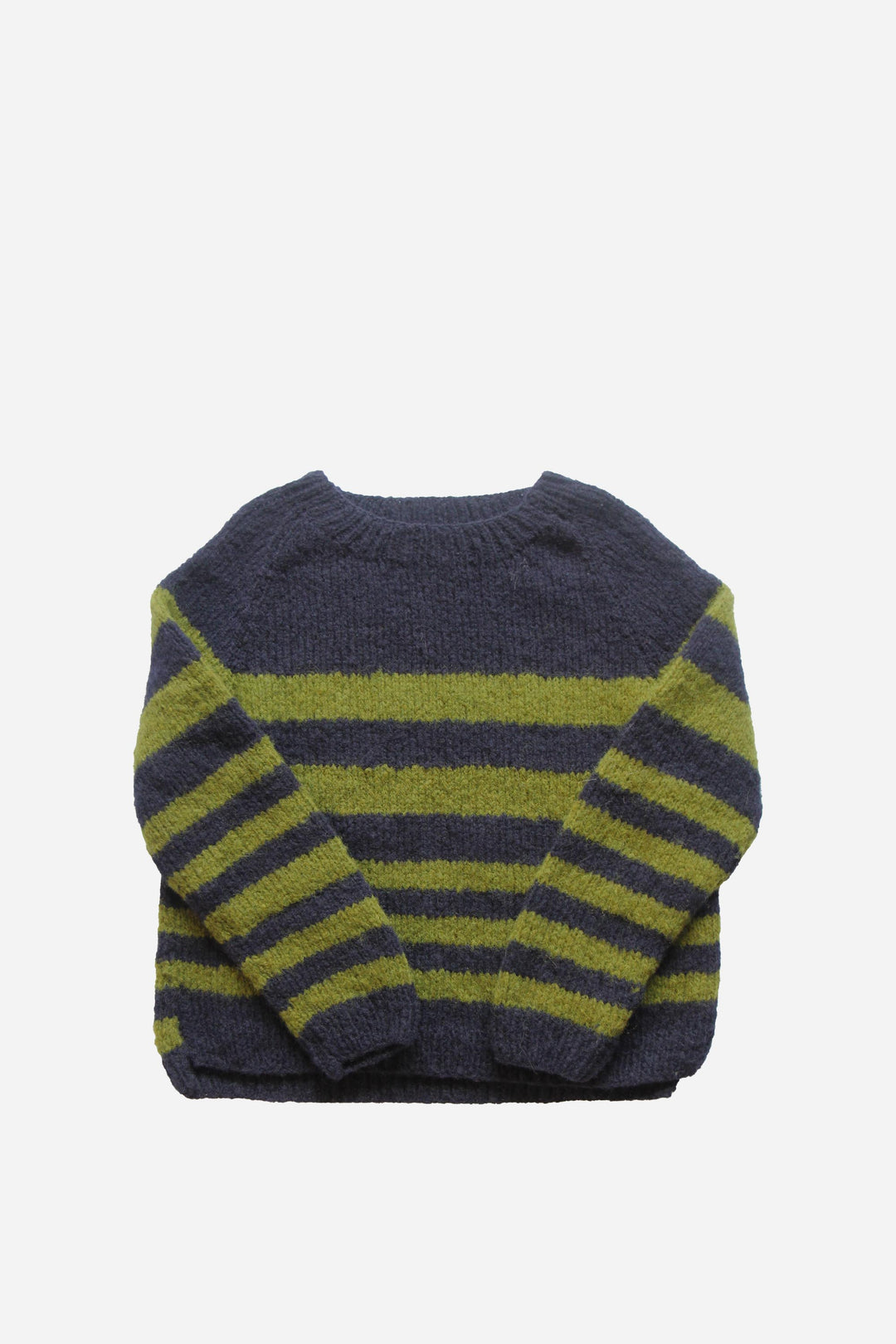 Striped sweater with blue and green pattern on a white background