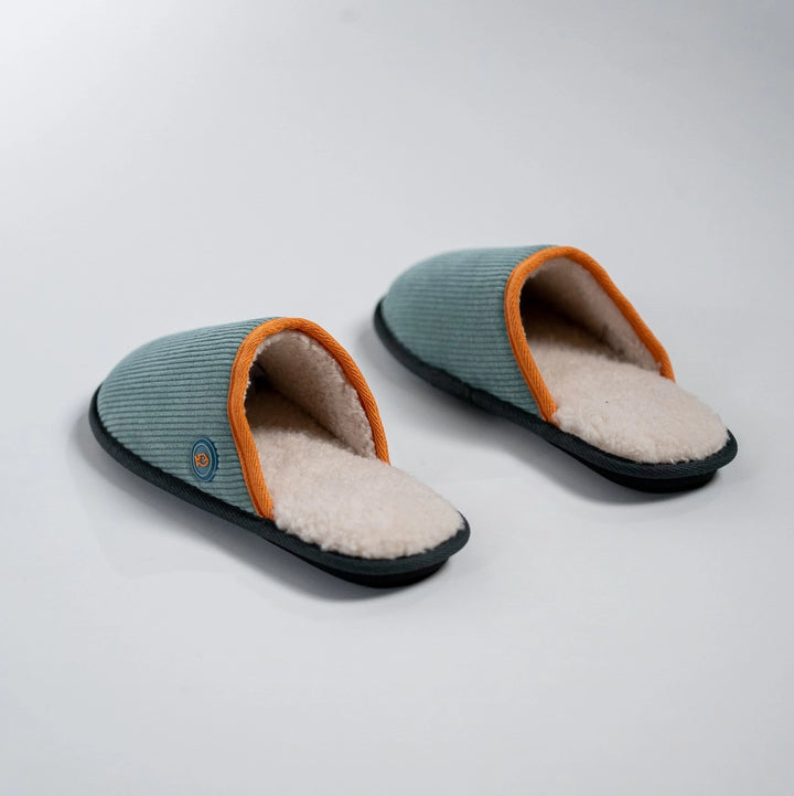 aqua green corduroy slippers with sherpa lining back