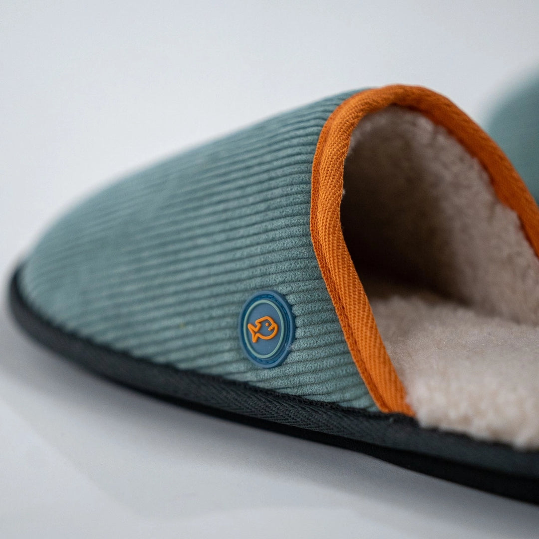 aqua green corduroy slippers with sherpa lining detail