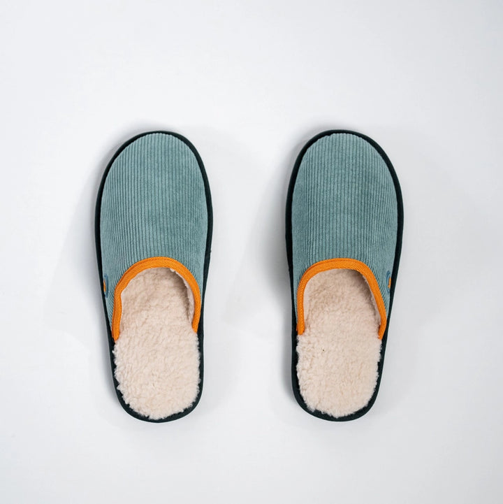 aqua green corduroy slippers with sherpa lining