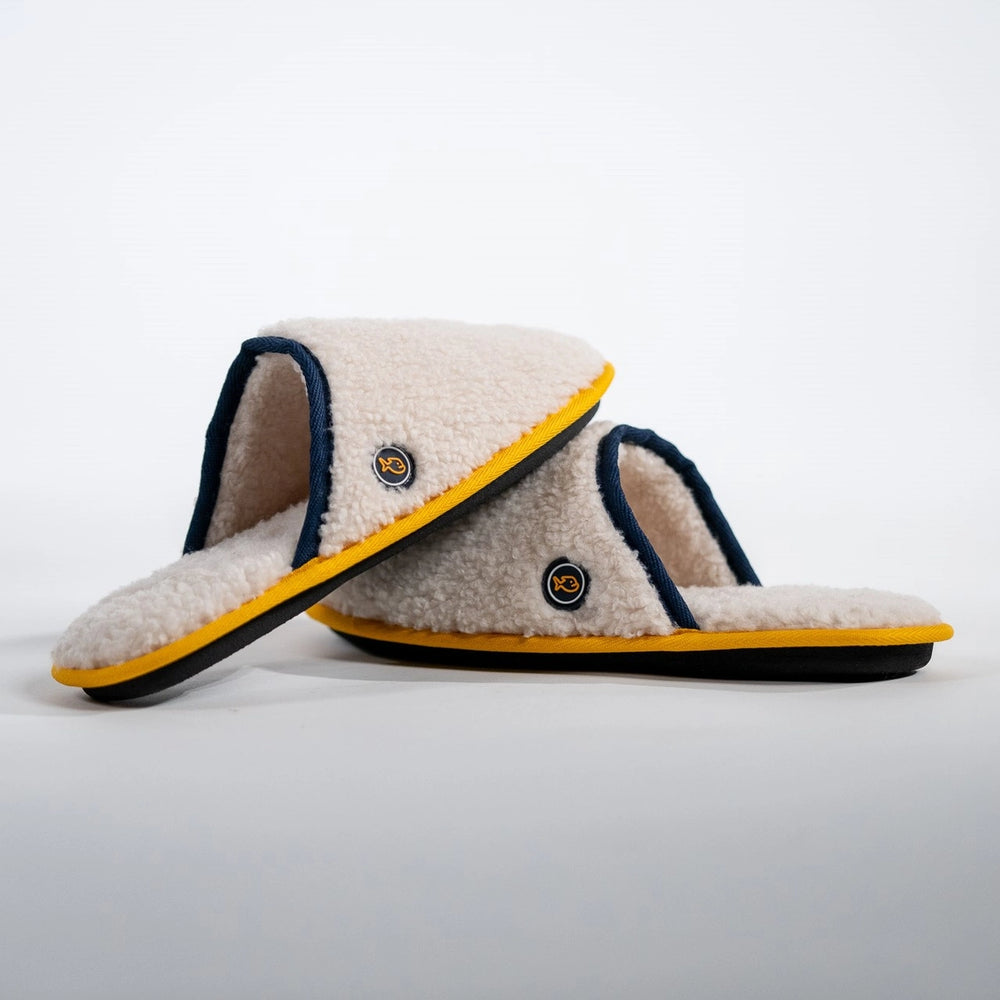 mens sherpa slippers from Billy Belt with contrasting navy and yellow trim side