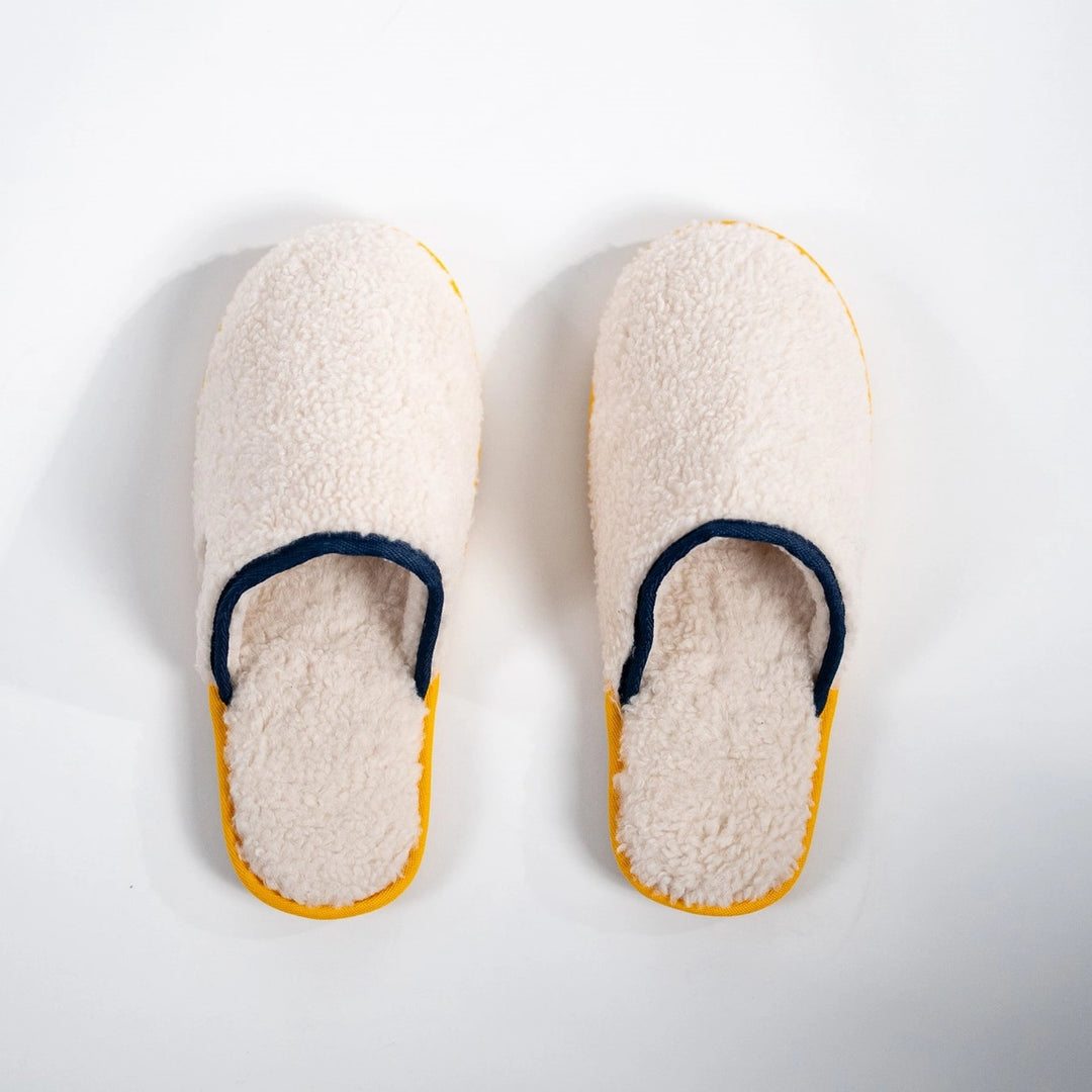 mens sherpa slippers from Billy Belt with contrasting navy and yellow trim