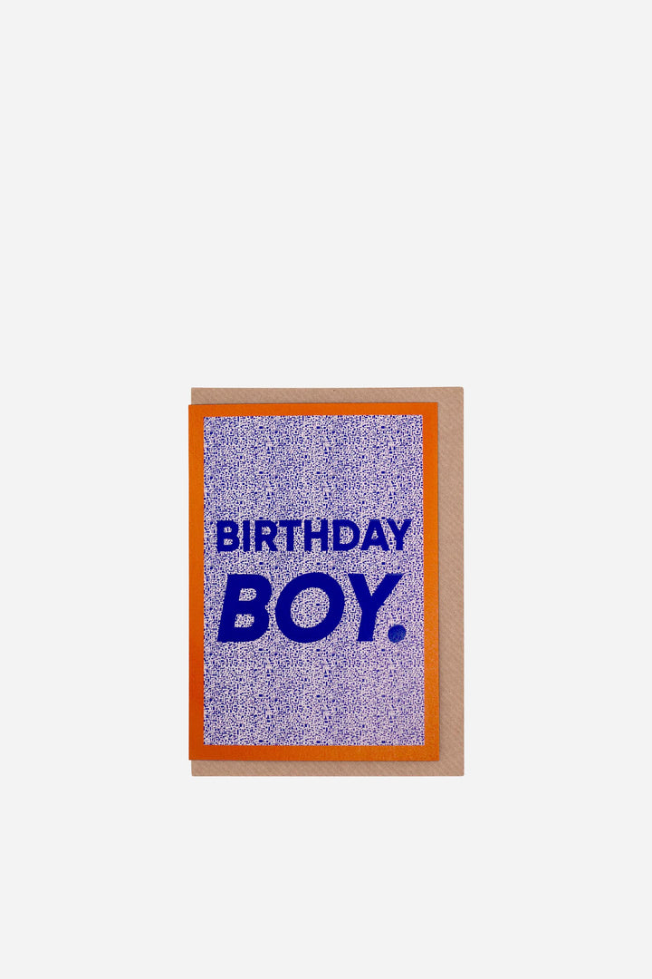 Greeting card with 'Birthday Boy' text on a textured purple background