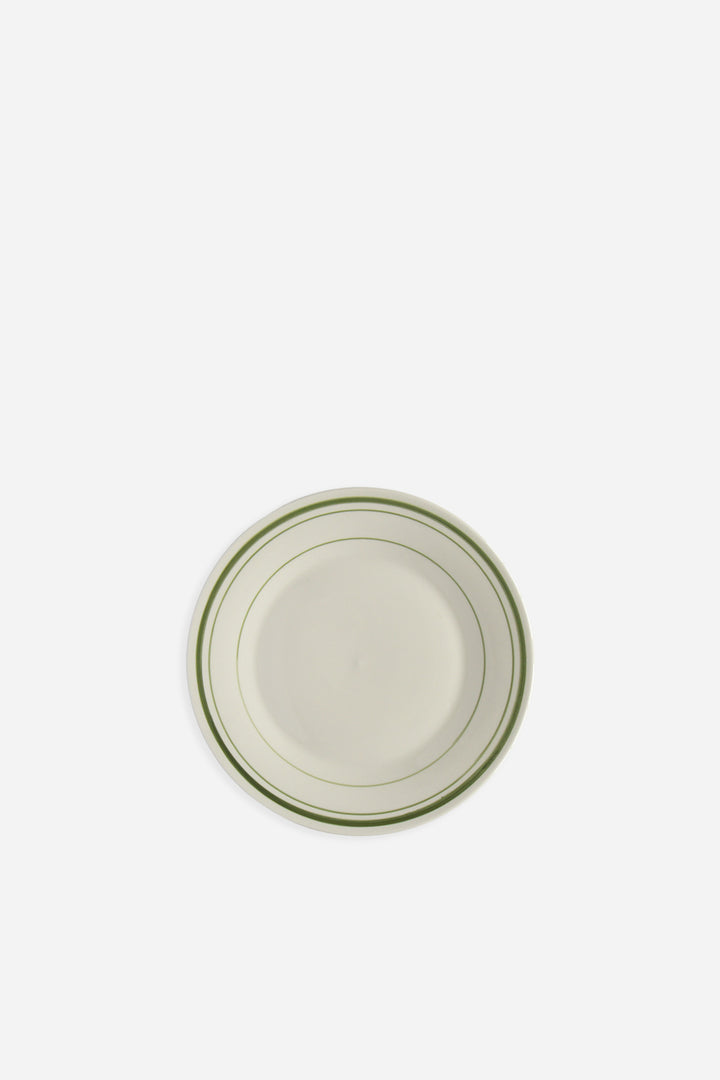 cream bistro dessert plate with green striped boarder