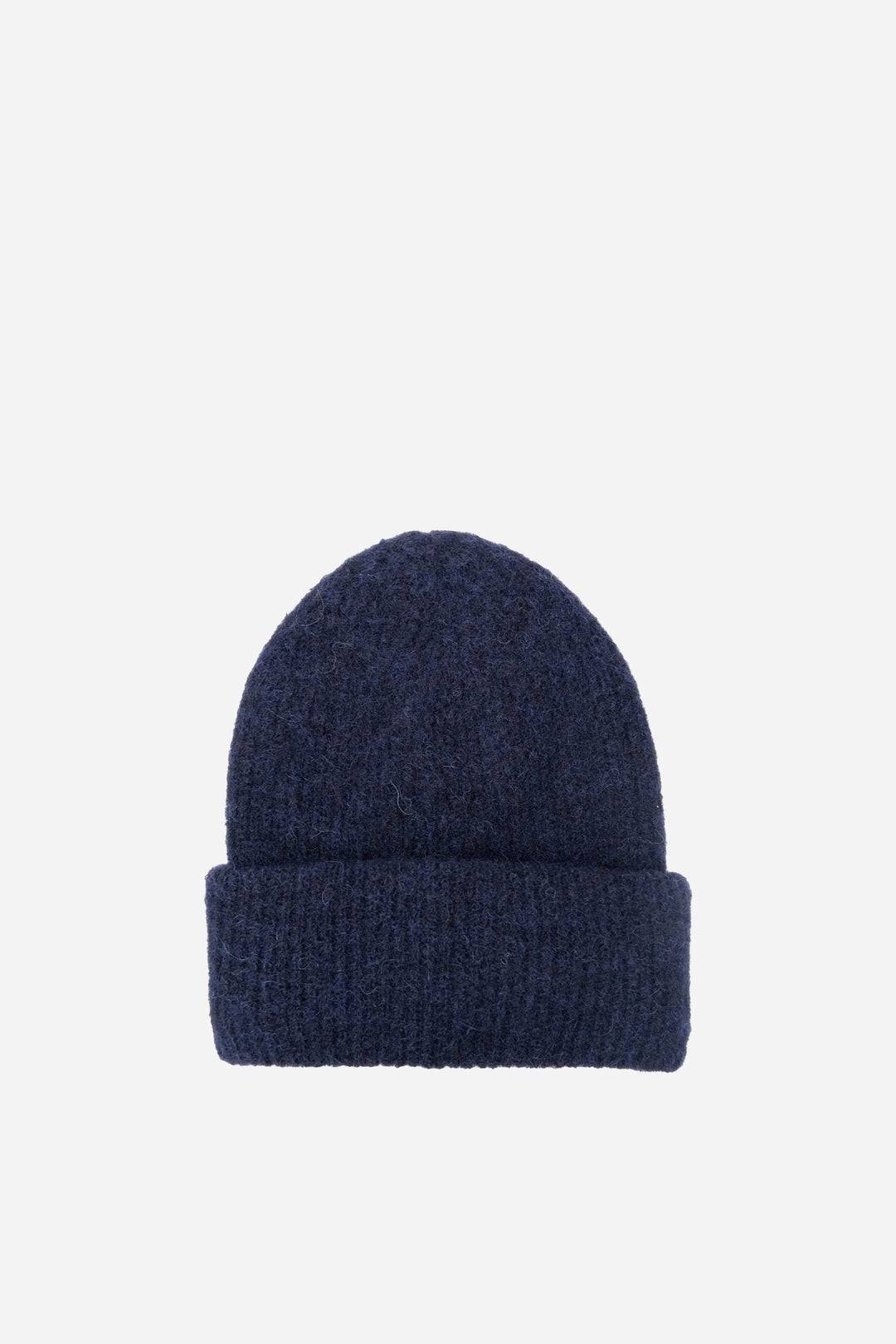Navy blue knit beanie on a light gray background