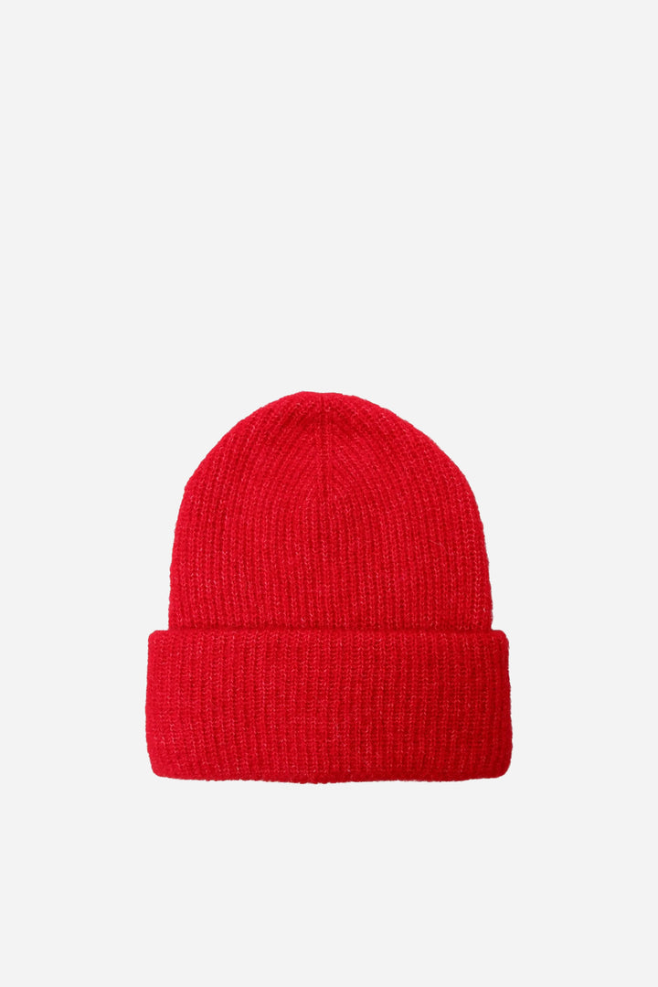 Red beanie hat on a white background