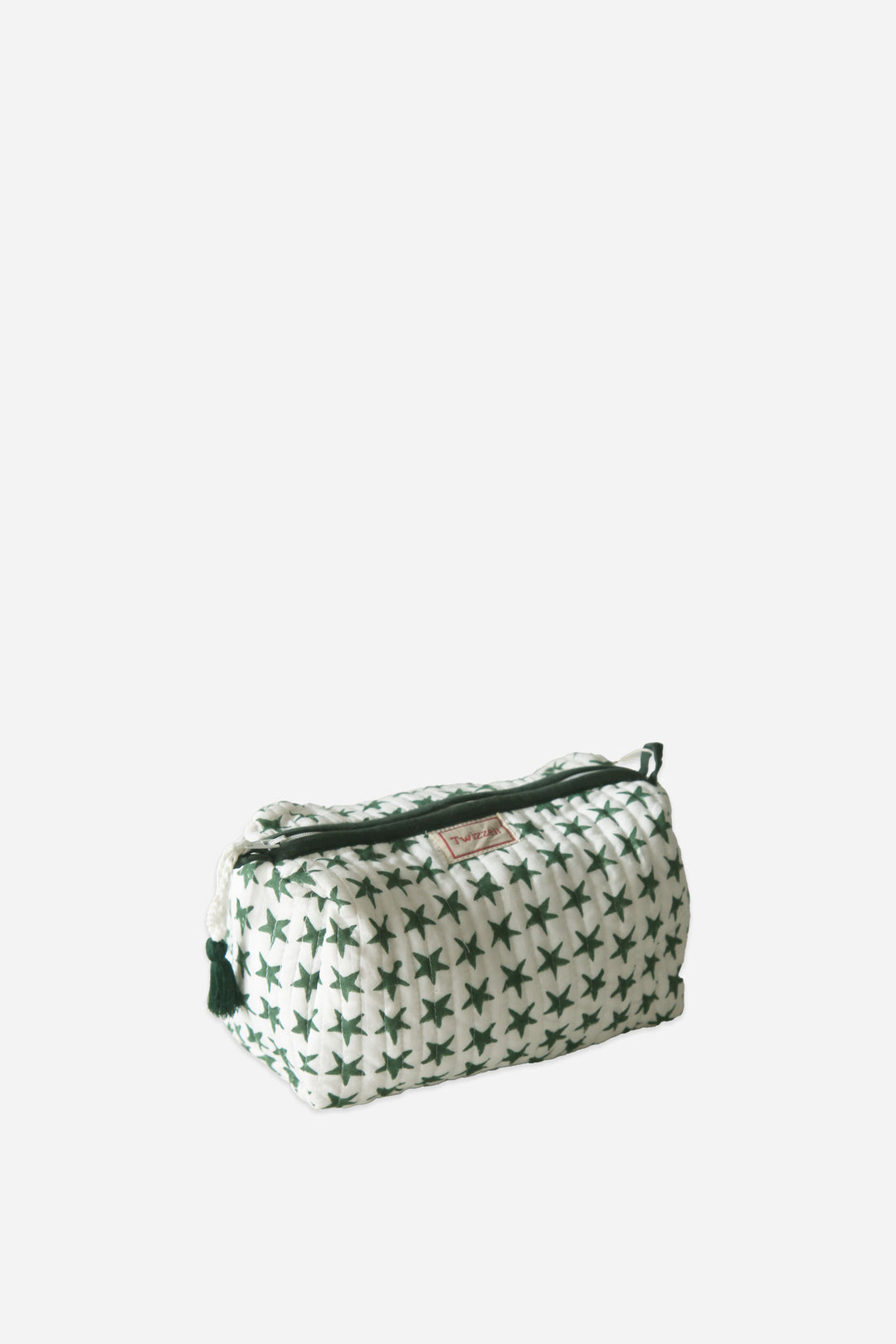 Small pouch with green star pattern on a white background