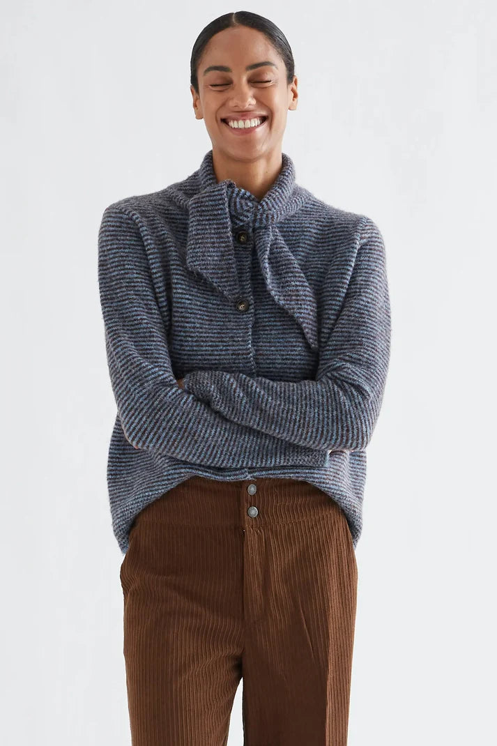Blue and Brown Striped Knit Cardigan