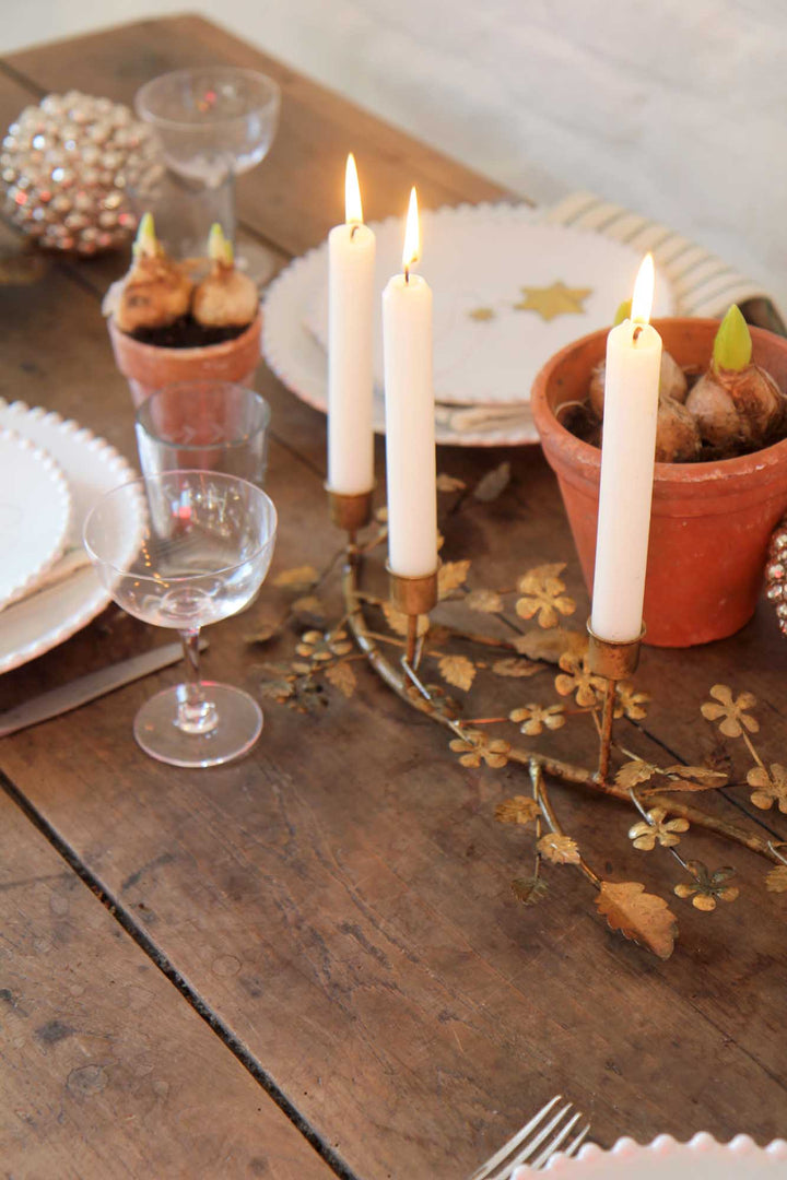 Candlelit table setting with potted plants and decorative elements on a wooden surface.